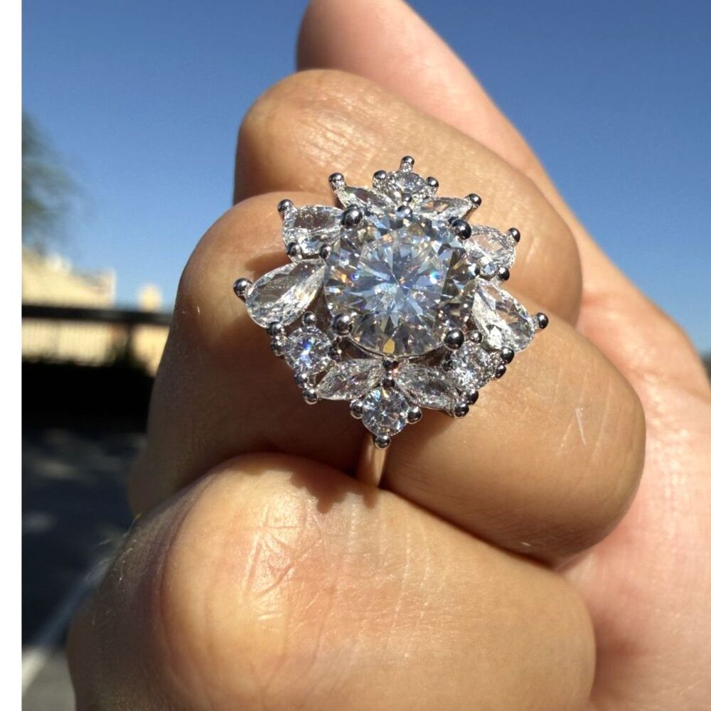 2CT Moissanite Floral Halo Ring Rhodium Plated Size 6 Sparkling Statement Ring